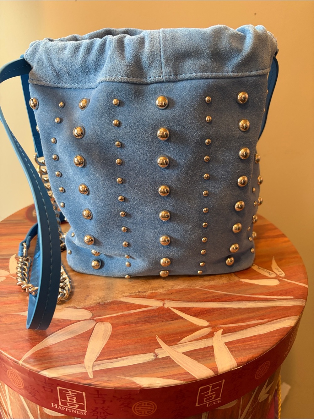 Sam Edelman Blue Suede Studded Bucket Crossbody